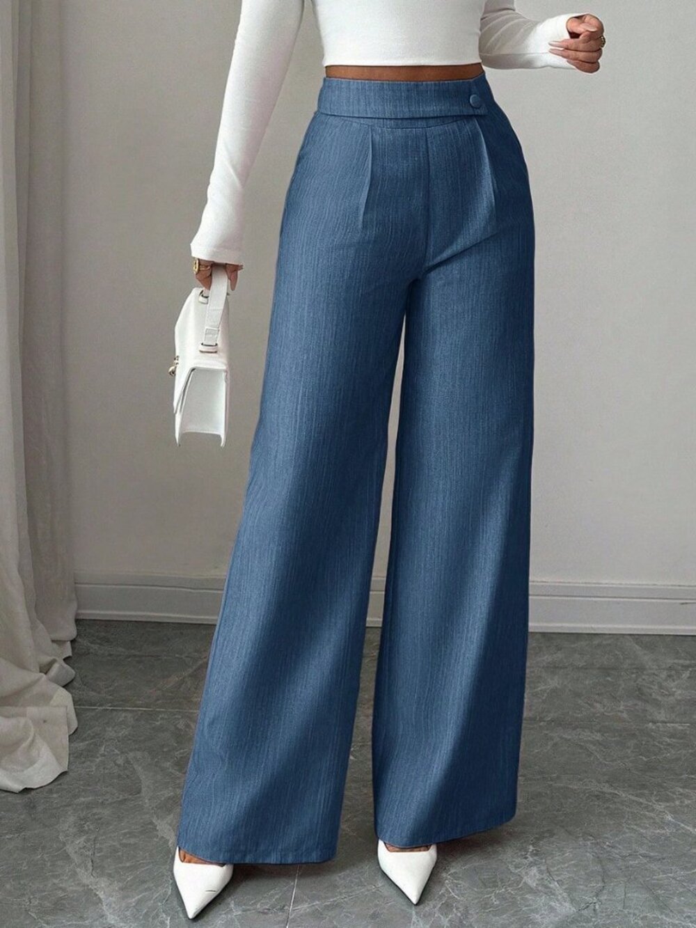 blue Casual Women's Work Office Loose Flowy Straight Leg Pants - Picture 3 of 7